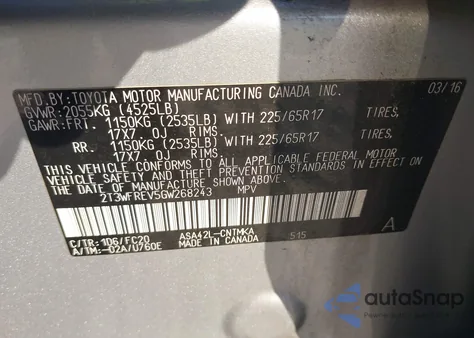 2016 Toyota Rav4 Xle из США, поврежденный, VIN 2T3WFREV5GW268243